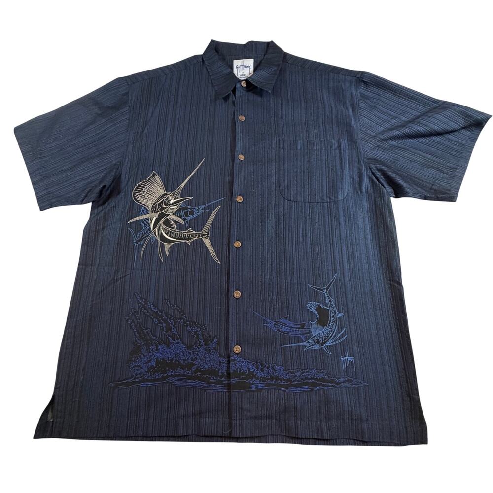 Aftco Bluewater X Guy Harvey Fishing Sailfish Print Casual Cotton Blue Men Sz XL